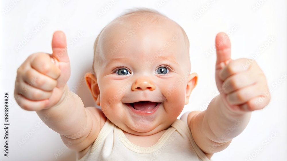 Sweet little bundle of joy smiles brightly, giving a cheerful thumbs up on a pristine white background, pure innocence. Sweet little bundle of joy smiles brightly, giving a cheerful thumbs up on a pristine white background, pure innocence.