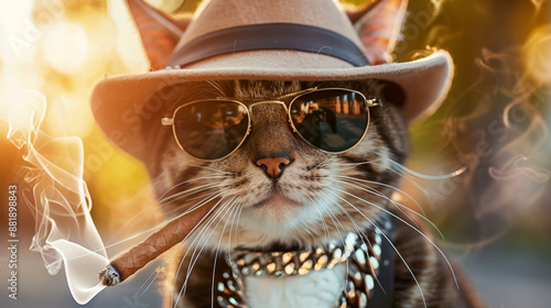 A cool cat wearing sunglasses, a hat, and smoking a cigar, exudes swagger and attitude in a playful, surreal image. photo