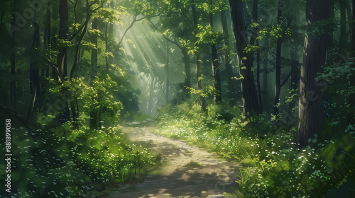 A walk through a quiet forest, where a winding path meanders between tall trees and sunlight shines through dense leaves and vegetation. photo