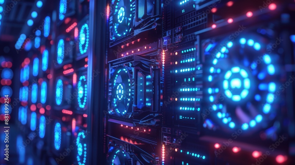 Close up view of illuminated data servers in a data center, showcasing modern technology and infrastructure. Close up view of illuminated data servers in a data center, showcasing modern technology and infrastructure.