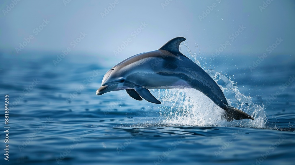 A dolphin breaching the surface of the ocean with a dramatic splash, captured in mid-jump. A dolphin breaching the surface of the ocean with a dramatic splash, captured in mid-jump.