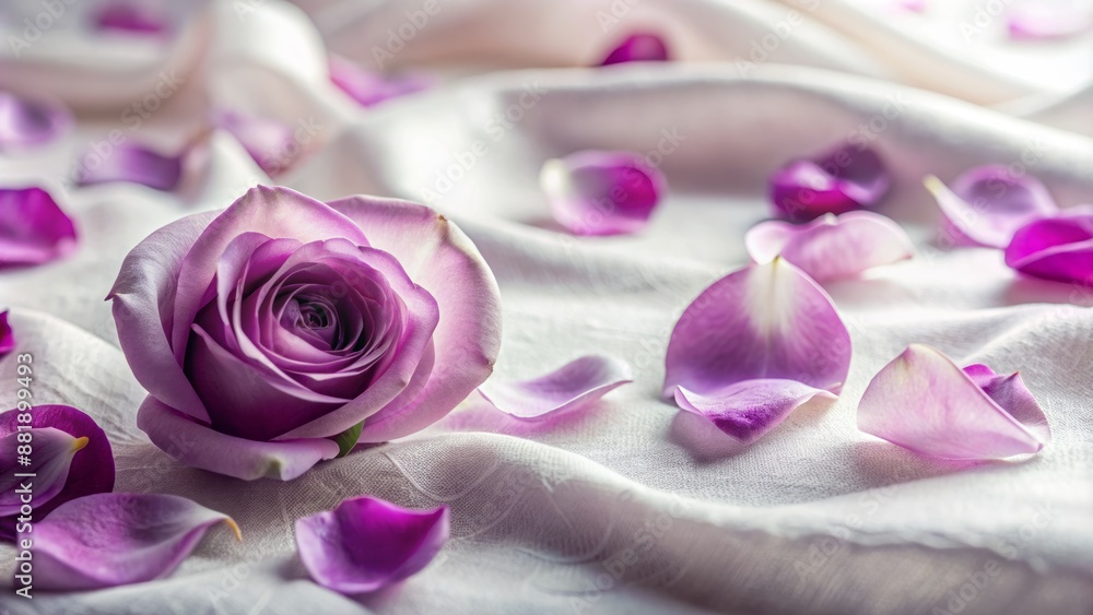 Fototapeta premium Luxurious and romantic purple rose petals background with soft focus and ample copy space for text or graphics overlay.