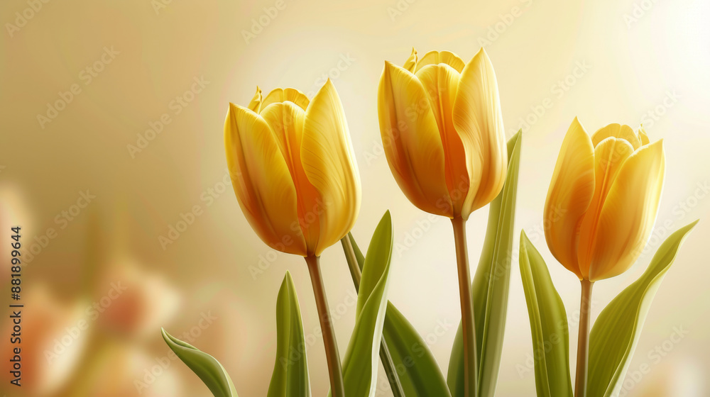 Three vibrant yellow tulips stand tall against a soft, glowing background, symbolizing beauty, growth, and the coming of spring.