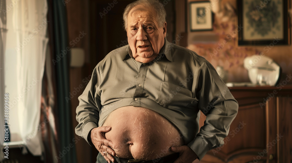 An elderly person with visible excessive belching trying to deal with a belly situation. Her facial expressions and gestures may express physical discomfort. An elderly person with visible excessive belching trying to deal with a belly situation. Her facial expressions and gestures may express physical discomfort.