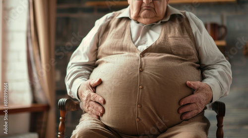 An elderly person with visible excessive belching trying to deal with a belly situation. Her facial expressions and gestures may express physical discomfort. photo