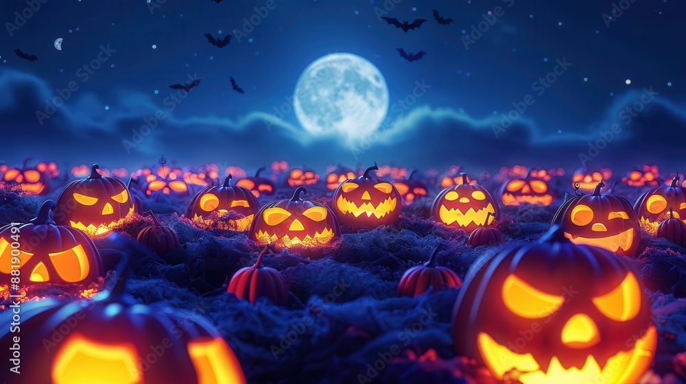 A field of glowing jackolanterns under a full moon A field of glowing jackolanterns under a full moon