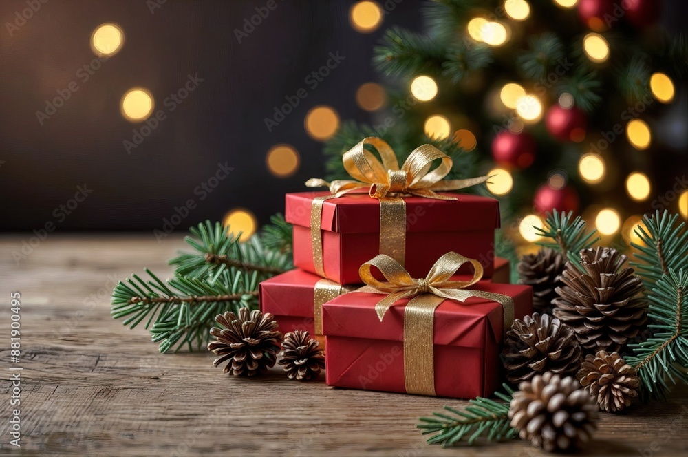 Greeting card. Christmas and new year background - red and gold gift boxes and pine cones and branches on the background of bokeh garlands Greeting card. Christmas and new year background - red and gold gift boxes and pine cones and branches on the background of bokeh garlands
