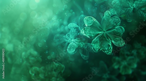 Turquoise and moss green background with shamrock elements and liquid textures