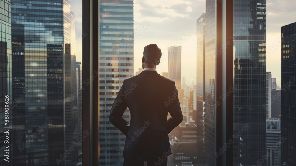 A businessperson standing in front of a large window, gazing at a sunrise over a city skyline, invoking ambition and introspection. A businessperson standing in front of a large window, gazing at a sunrise over a city skyline, invoking ambition and introspection.