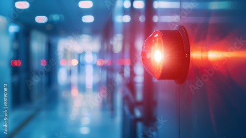 A fire alarm strobe light flashing urgently on a wall in a commercial building during an evacuation.