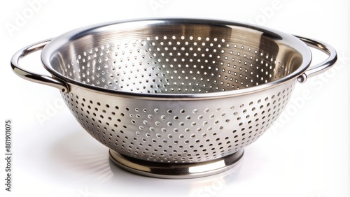 Close-up of a stainless steel colander with perforations isolated on white.