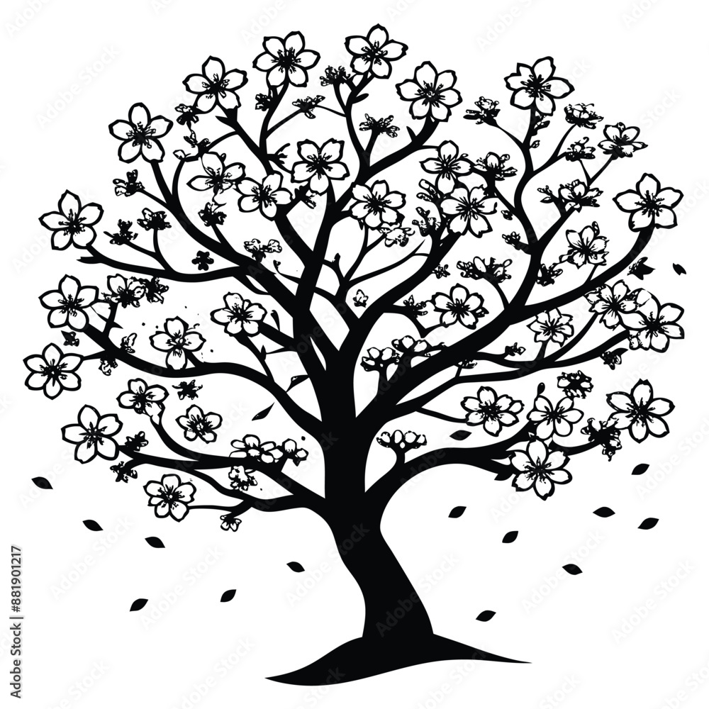 Hand drawn Cherry branches with flowers,Black and white Coloring book.Sakura plant silhouette on white background. Hand drawn Cherry branches with flowers,Black and white Coloring book.Sakura plant silhouette on white background.