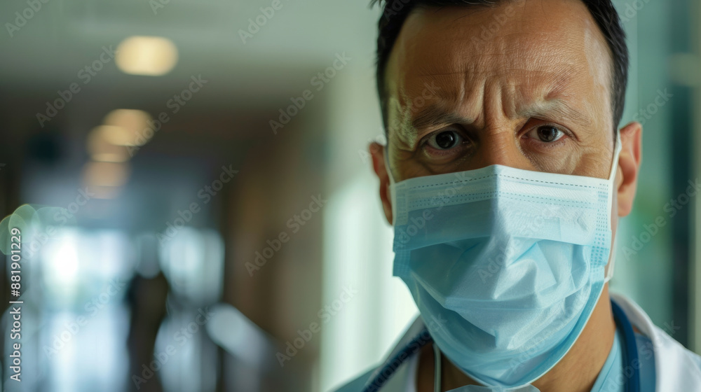 A healthcare professional wearing a mask looks directly into the camera with serious eyes, in a hospital corridor. A healthcare professional wearing a mask looks directly into the camera with serious eyes, in a hospital corridor.