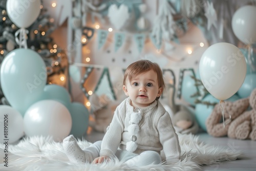 Adorable baby in a white outfit sitting on a soft rug surrounded by blue and white balloons and festive decorations. © RaptorWoman