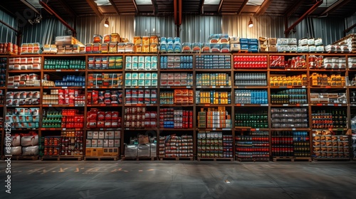 A spacious warehouse with fully stocked shelves filled with various goods and products, demonstrating efficient storage and organization.