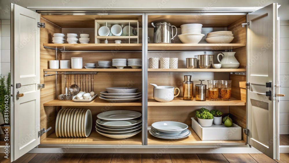 Full shot of a kitchen cabinet open, revealing organized dishware. Full shot of a kitchen cabinet open, revealing organized dishware.