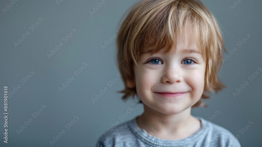A young boy with blonde hair smiles brightly, his blue eyes sparkling with happiness A young boy with blonde hair smiles brightly, his blue eyes sparkling with happiness