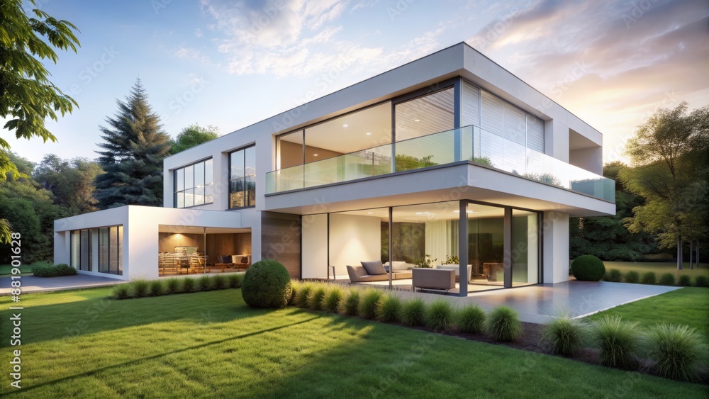 Sleek white modern minimalist home with lush green grass and expansive windows framing a serene living room interior. Sleek white modern minimalist home with lush green grass and expansive windows framing a serene living room interior.