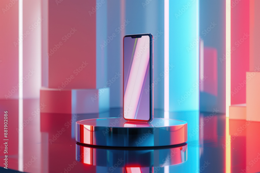 Smartphone standing on a podium with neon lights in background, showcasing a sleek and modern design Smartphone standing on a podium with neon lights in background, showcasing a sleek and modern design