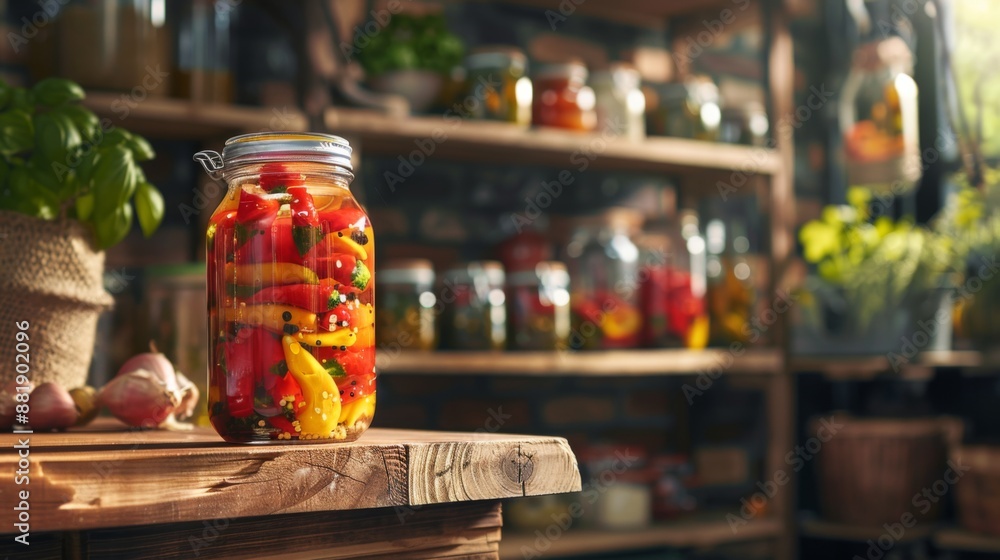 A glass jar of homemade pickled chili peppers with vinegar and spices, on a rustic kitchen shelf. A glass jar of homemade pickled chili peppers with vinegar and spices, on a rustic kitchen shelf.