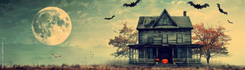 A haunted house with a full moon, bats, and a pumpkin on the porch A haunted house with a full moon, bats, and a pumpkin on the porch