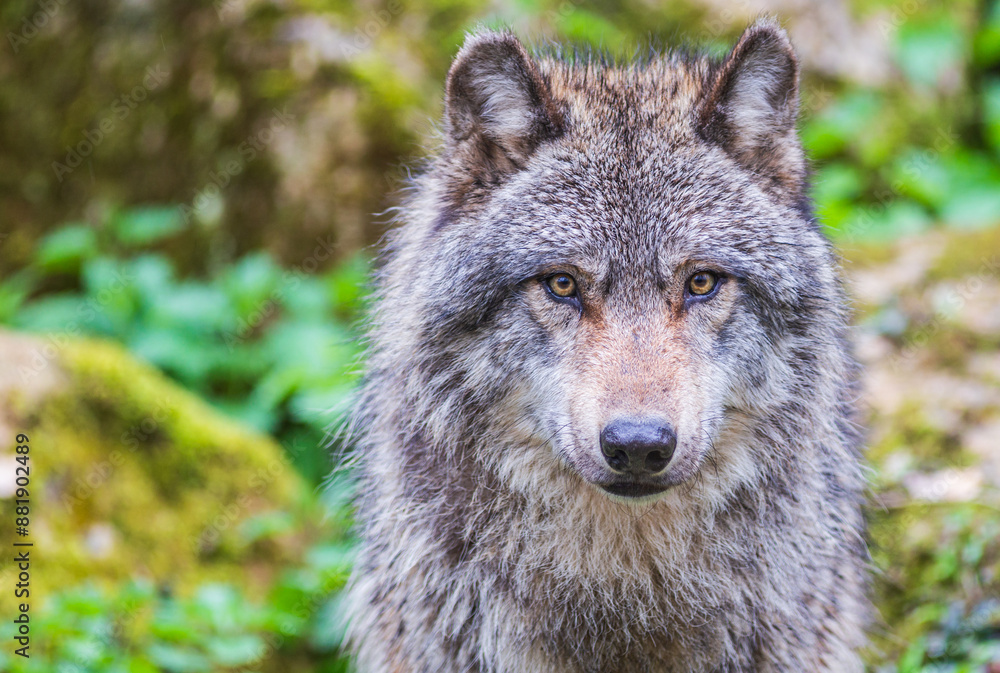 Expressive Gray wolf, also known as timber wolf, looking intently at you Expressive Gray wolf, also known as timber wolf, looking intently at you