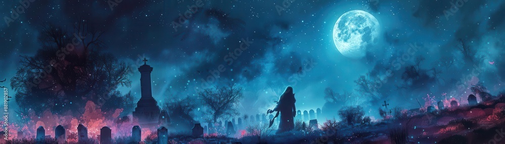 A mummy emerging from a tomb in a spooky graveyard under a full moon A mummy emerging from a tomb in a spooky graveyard under a full moon
