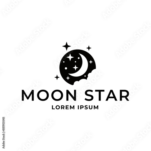 Vector logo a silhouette image of a crescent moon with stars.
