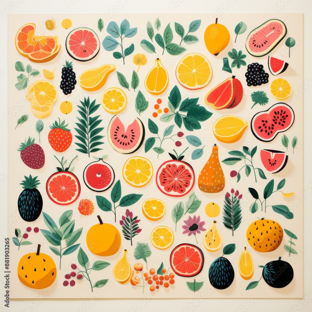 A Colorful Collage of Fruits and Leaves A Colorful Collage of Fruits and Leaves