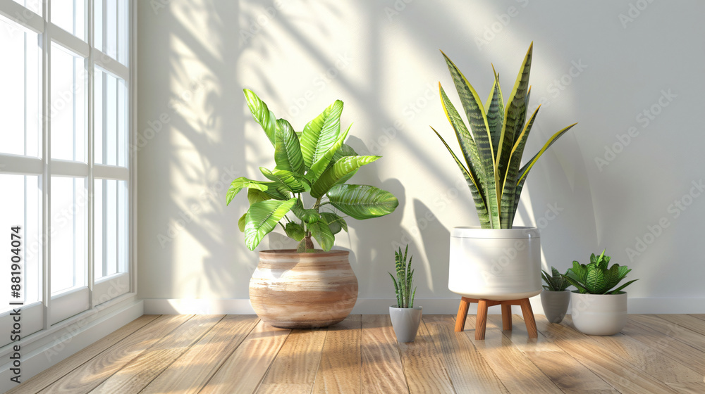 Fototapeta premium 3D rendering of a wooden side table with potted plants and a snake plant in a white pot on a light wood floor near a window. Mock up for interior design, home decor in the style of