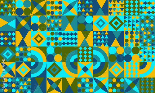 Colorful geometric mosaic seamless pattern illustration with creative abstract shapes. Modern scandinavian style background print. Trendy bright symbols and minimalist shape texture, geometry collage.