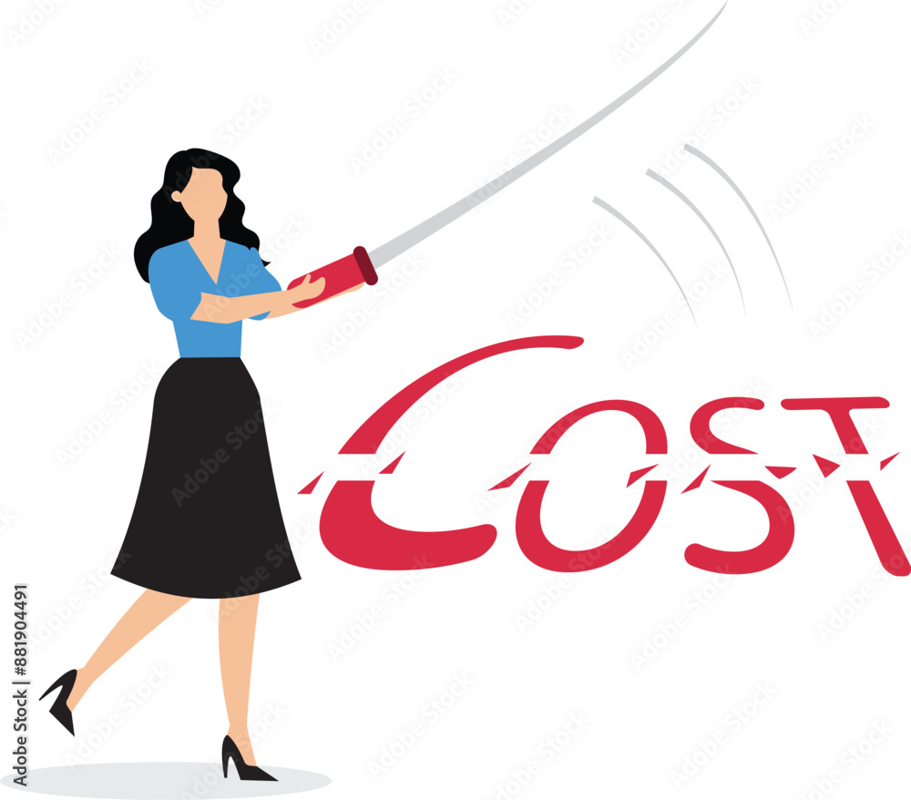 Cost saving idea cost reduction or decrease expense financial or accounting optimization lower spending to make more profit concept smart businesswoman cutting the word COST with his sword Cost saving idea cost reduction or decrease expense financial or accounting optimization lower spending to make more profit concept smart businesswoman cutting the word COST with his sword