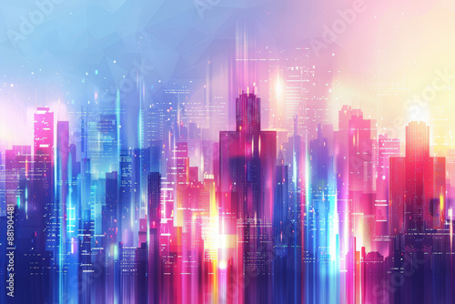 Futuristic cityscape with glowing buildings and data streams flowing through the air, creating a vibrant and dynamic urban scene © Alexandra