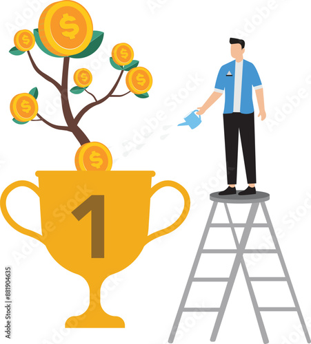 Mutual fund or growing investment wealth profit growth or earning increase savings or wealth management pension fund concept businessman investor watering stack dollar coin to grow money plant