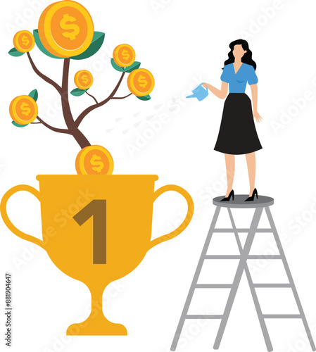 Mutual fund or growing investment wealth profit growth or earning increase savings or wealth management pension fund concept businesswoman investor watering stack dollar coin to grow money plant