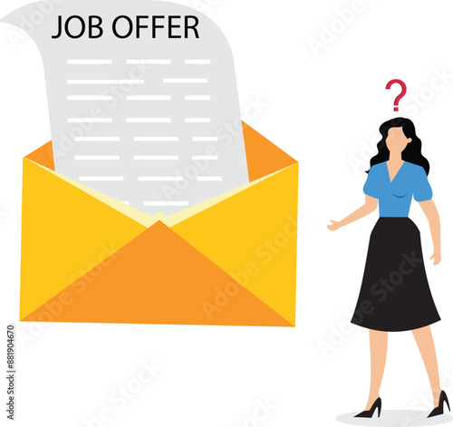 Job offer or job opportunity to be promoted or new position for higher salary employment and recruitment human resources concept businesswoman candidate thinking to accept job offer email envelope