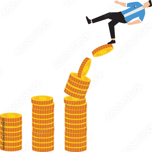 Financial instability uncertainty or unstable investment market risky situation or economic recession crisis or bankruptcy concept businessman investor falling from stack of unstable money coins