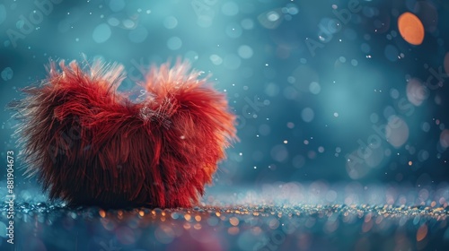 Fluffy red heart against a blue Valentine s Day backdrop symbolizing love and tenderness
