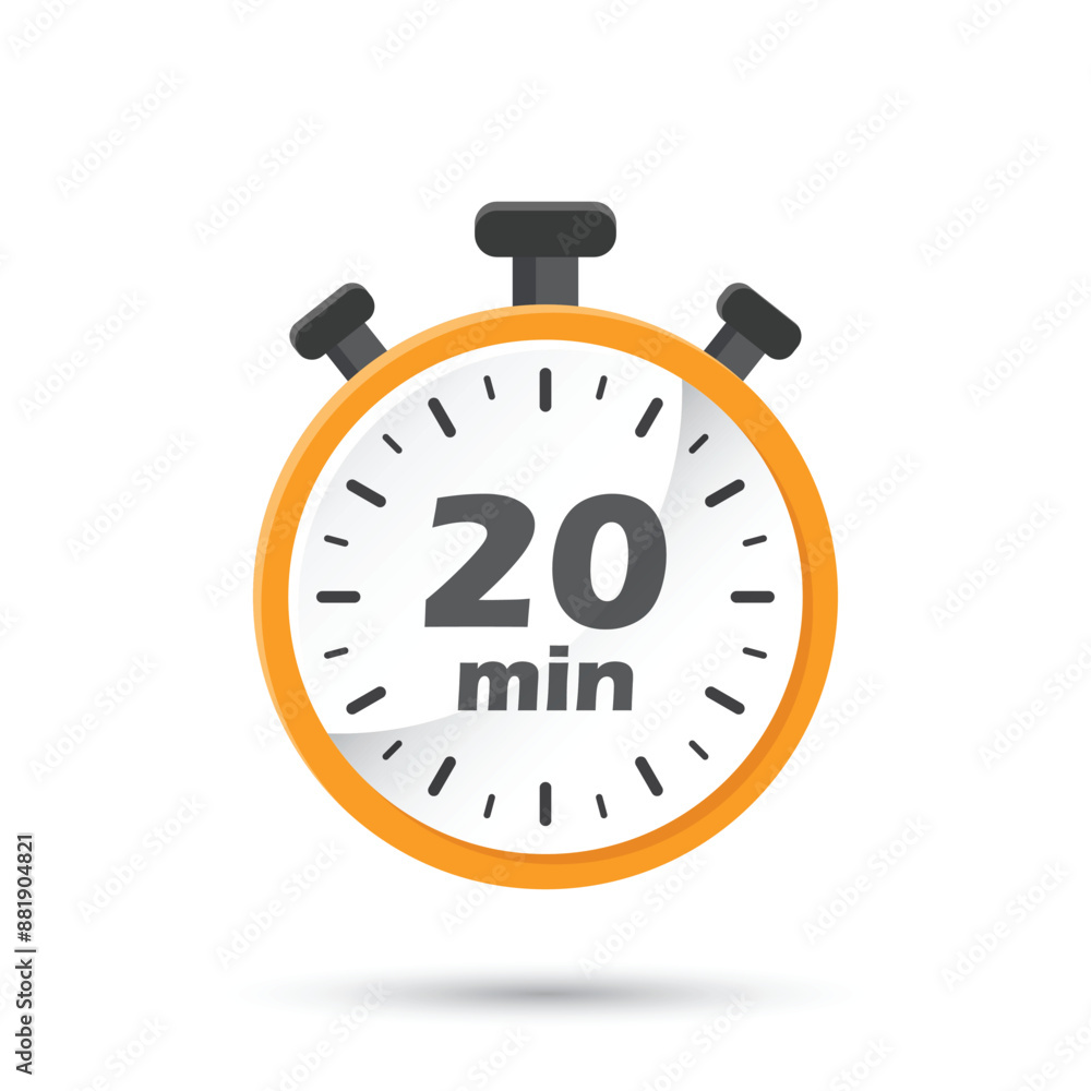 20 minutes on stopwatch icon in flat style. Clock face timer vector illustration on isolated background. Countdown sign business concept. 20 minutes on stopwatch icon in flat style. Clock face timer vector illustration on isolated background. Countdown sign business concept.
