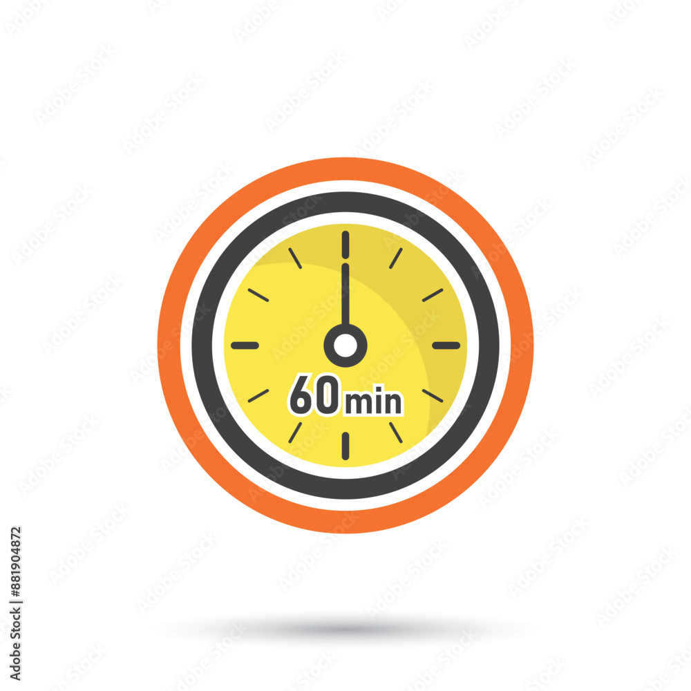 60 minutes on stopwatch icon in flat style. Clock face timer vector illustration on isolated background. Countdown sign business concept. 60 minutes on stopwatch icon in flat style. Clock face timer vector illustration on isolated background. Countdown sign business concept.