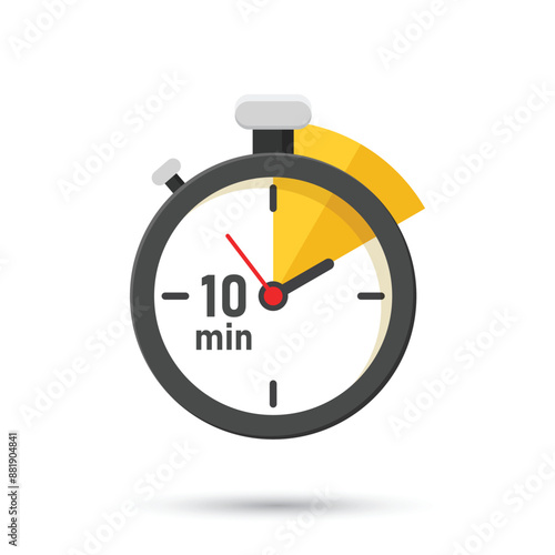 10 minutes on stopwatch icon in flat style. Clock face timer vector illustration on isolated background. Countdown sign business concept.