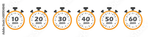 From 10 minutes to 60 minutes on stopwatch icon in flat style. Clock face timer vector illustration on isolated background. Countdown sign business concept.