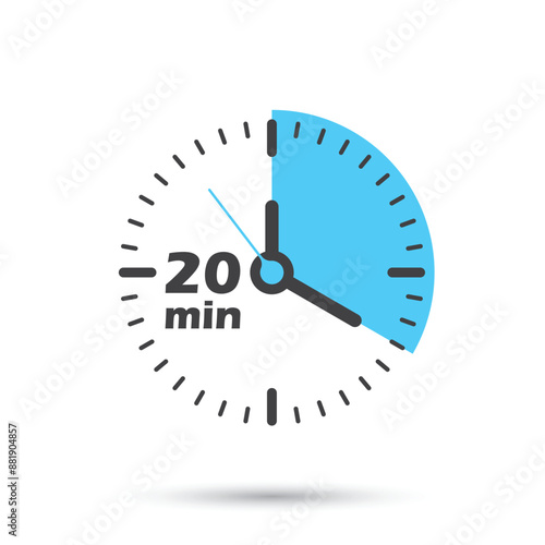 20 minutes on stopwatch icon in flat style. Clock face timer vector illustration on isolated background. Countdown sign business concept.