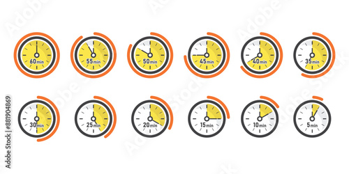 From 5 minutes to 60 minutes on stopwatch icon in flat style. Clock face timer vector illustration on isolated background. Countdown sign business concept.