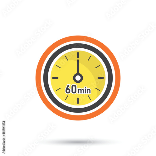 60 minutes on stopwatch icon in flat style. Clock face timer vector illustration on isolated background. Countdown sign business concept.
