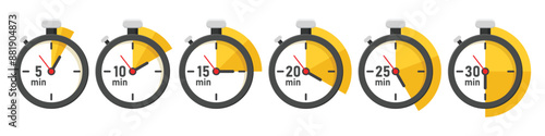 From 5 minutes to 30 minutes on stopwatch icon in flat style. Clock face timer vector illustration on isolated background. Countdown sign business concept.