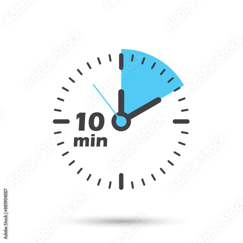 10 minutes on stopwatch icon in flat style. Clock face timer vector illustration on isolated background. Countdown sign business concept.