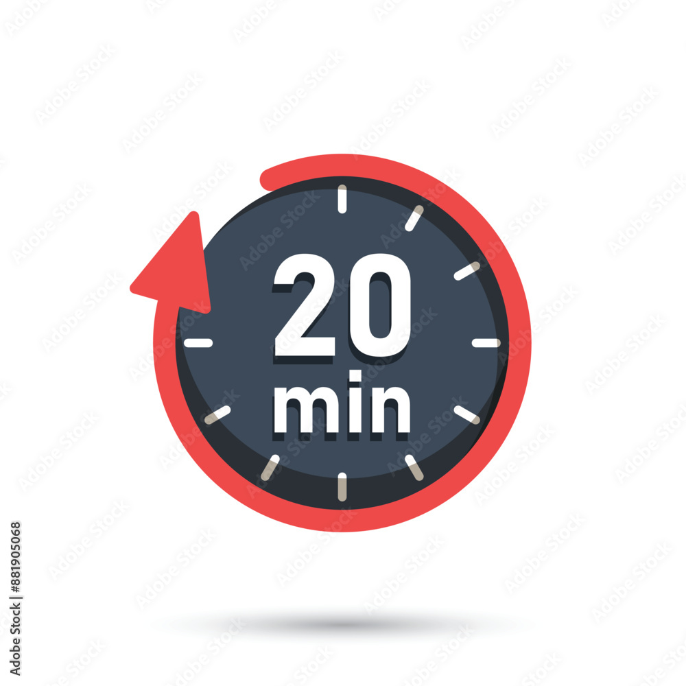 20 minutes on stopwatch icon in flat style. Clock face timer vector illustration on isolated background. Countdown sign business concept. 20 minutes on stopwatch icon in flat style. Clock face timer vector illustration on isolated background. Countdown sign business concept.