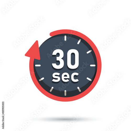30 seconds on stopwatch icon in flat style. Clock face timer vector illustration on isolated background. Countdown sign business concept.