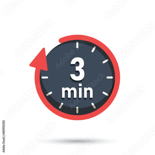 3 minute on stopwatch icon in flat style. Clock face timer vector illustration on isolated background. Countdown sign business concept.